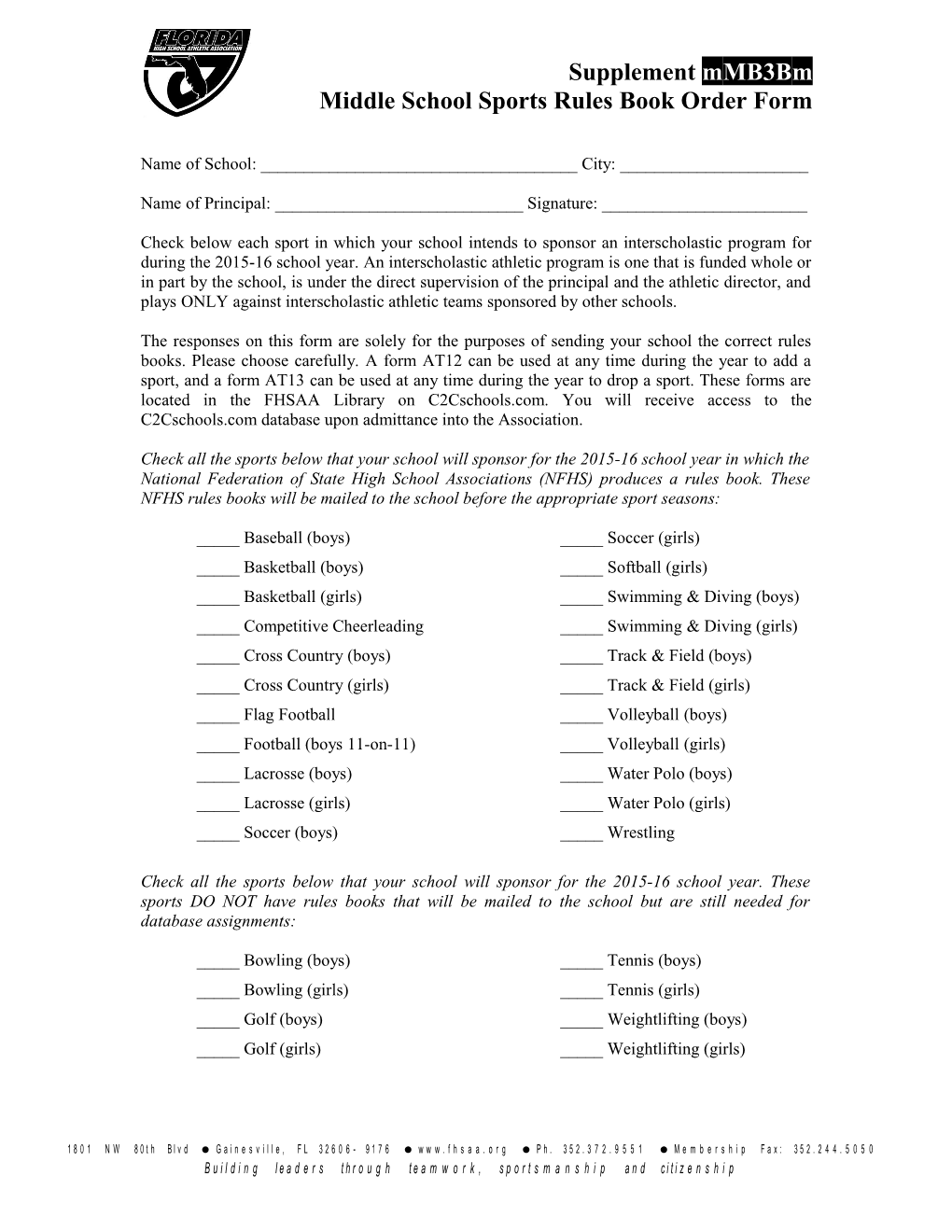 Middle School Sports Rules Book Order Form