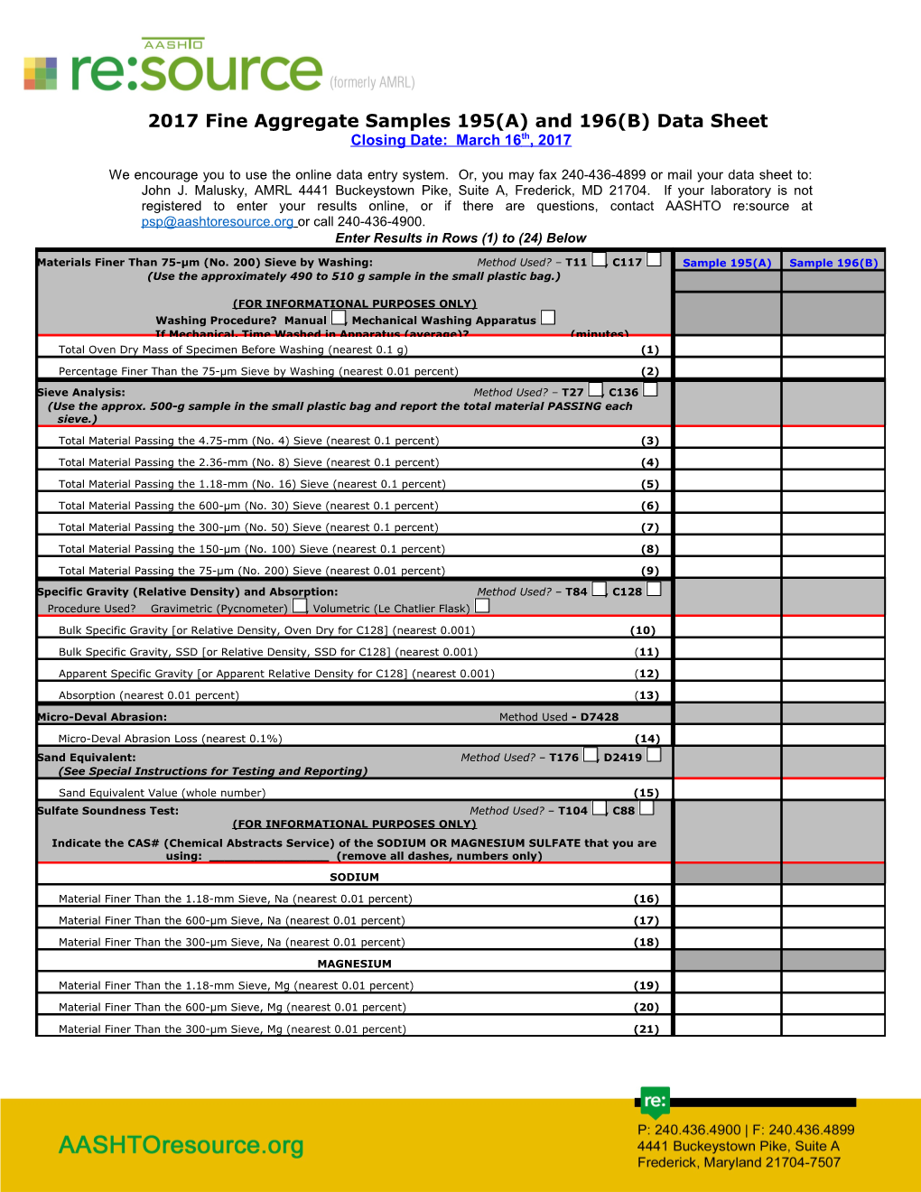 2017 Fine Aggregate Samples 195(A) and 196(B) Data Sheet