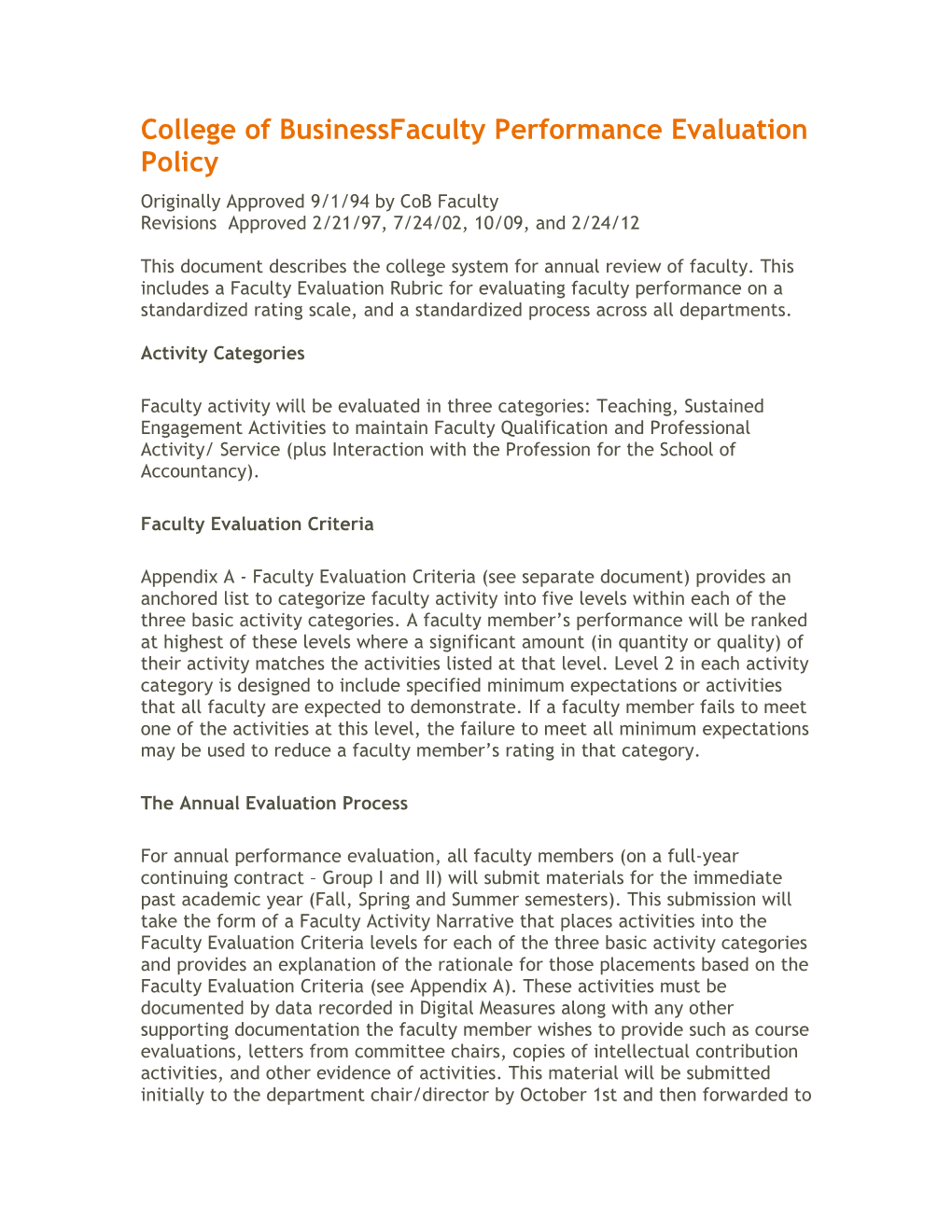 College of Business Faculty Performance Evaluation Policy