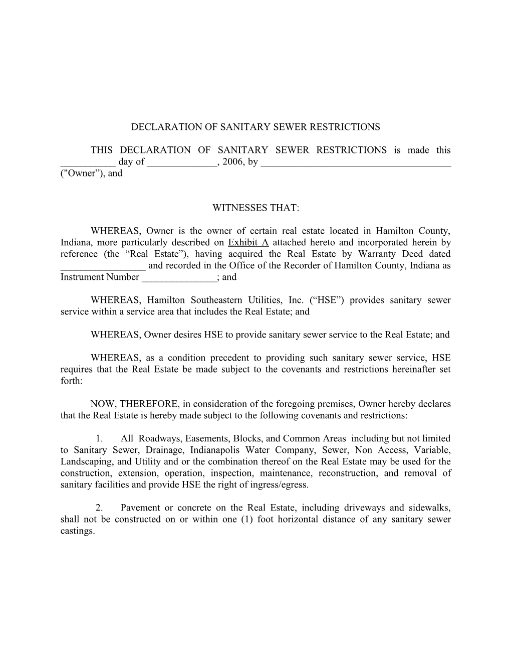 Declaration of Sanitary Sewer Restrictions