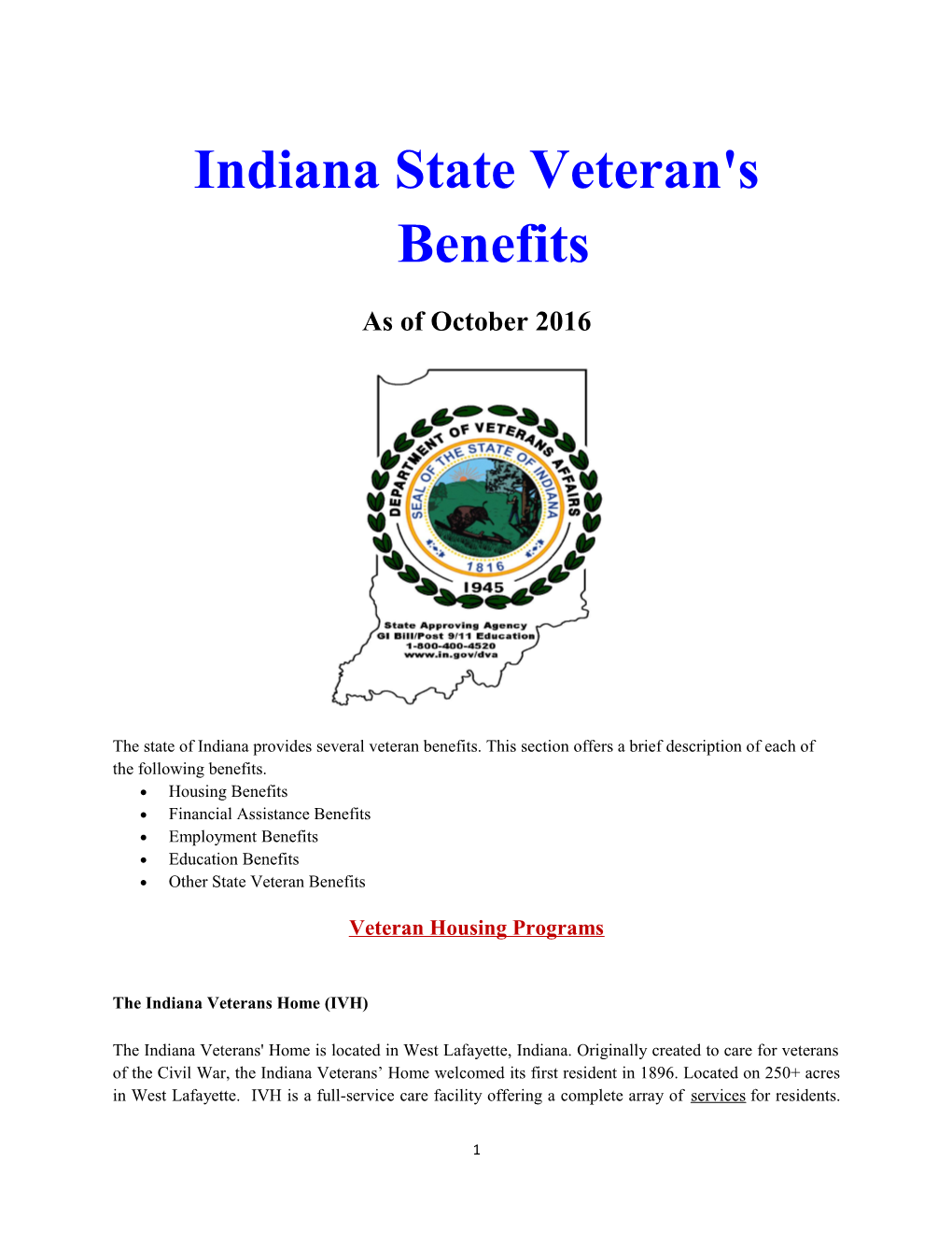 Indiana State Veteran's Benefits