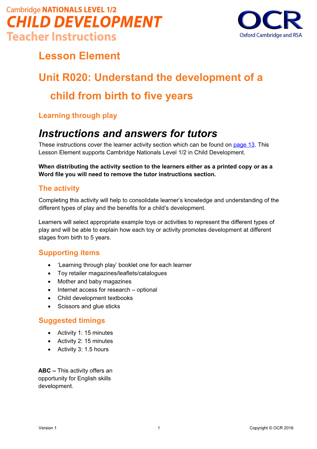 Cambridge Nationals Child Development Lesson Element Unit R020 Understand the Development