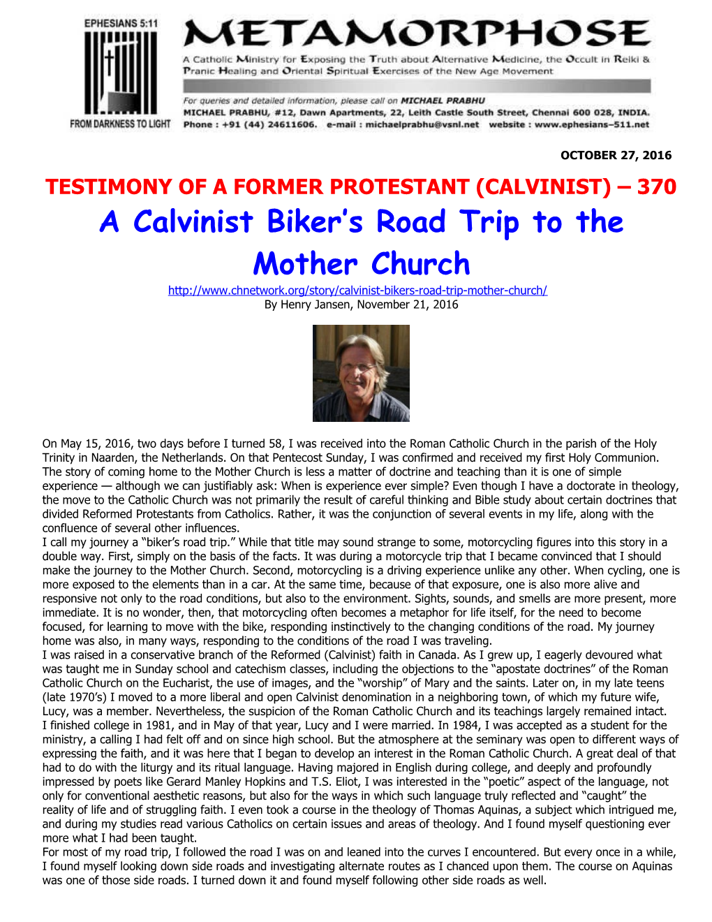 Testimony of a Former Protestant (Calvinist) 370