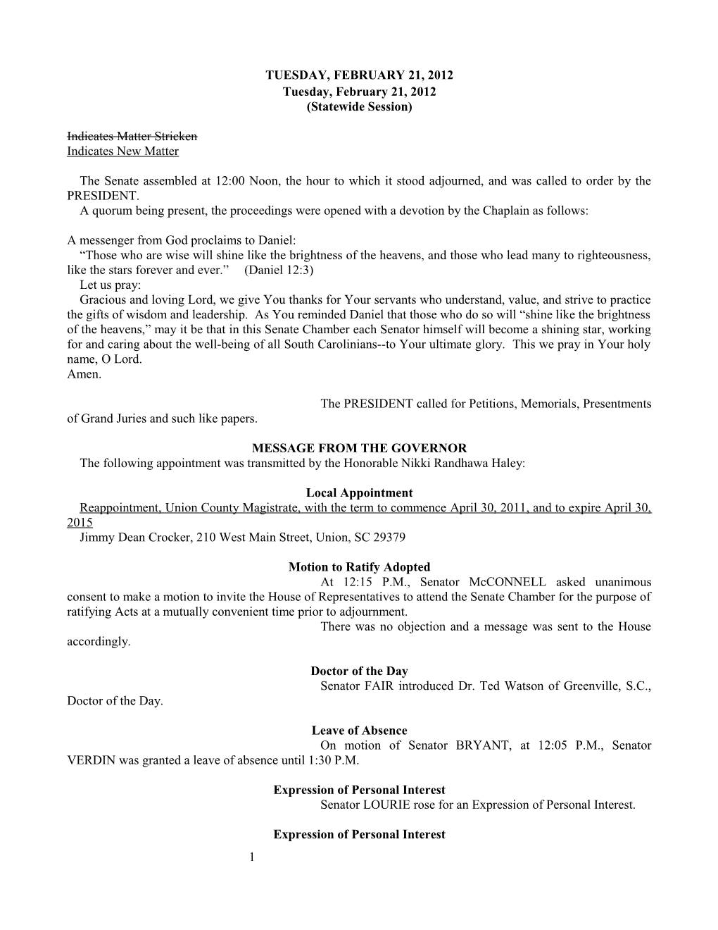 Senate Journal for Feb. 21, 2012 - South Carolina Legislature Online