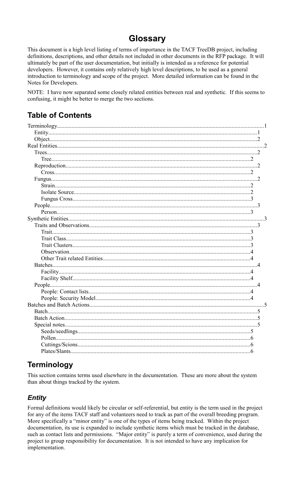 This Document Is a High Level Listing of Terms of Importance in the TACF Treedb Project