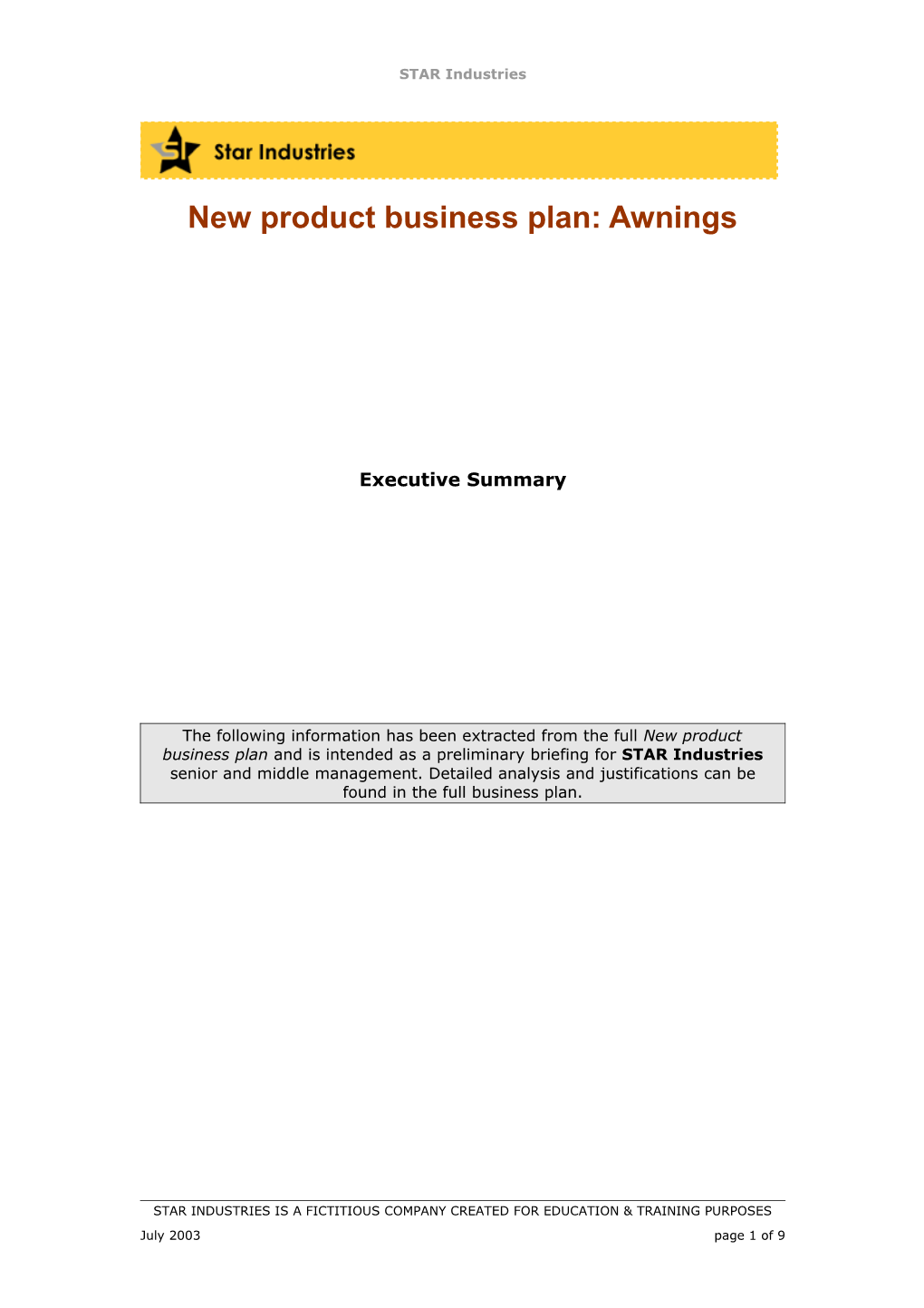 New Product Business Plan: Awnings