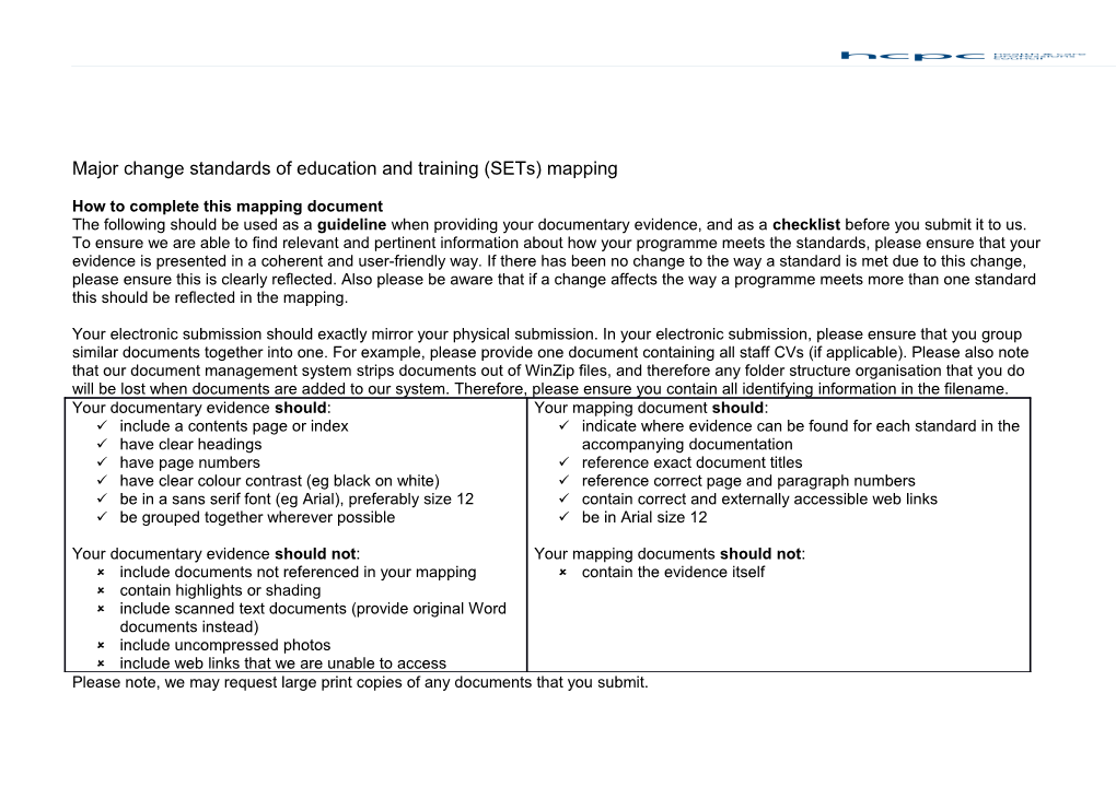 Major Change Standards of Education and Training (Sets) Mapping