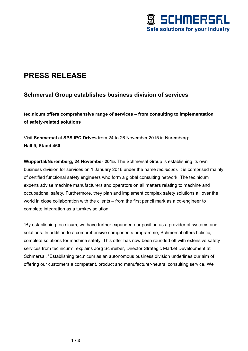 Schmersal Group Establishes Business Division of Services
