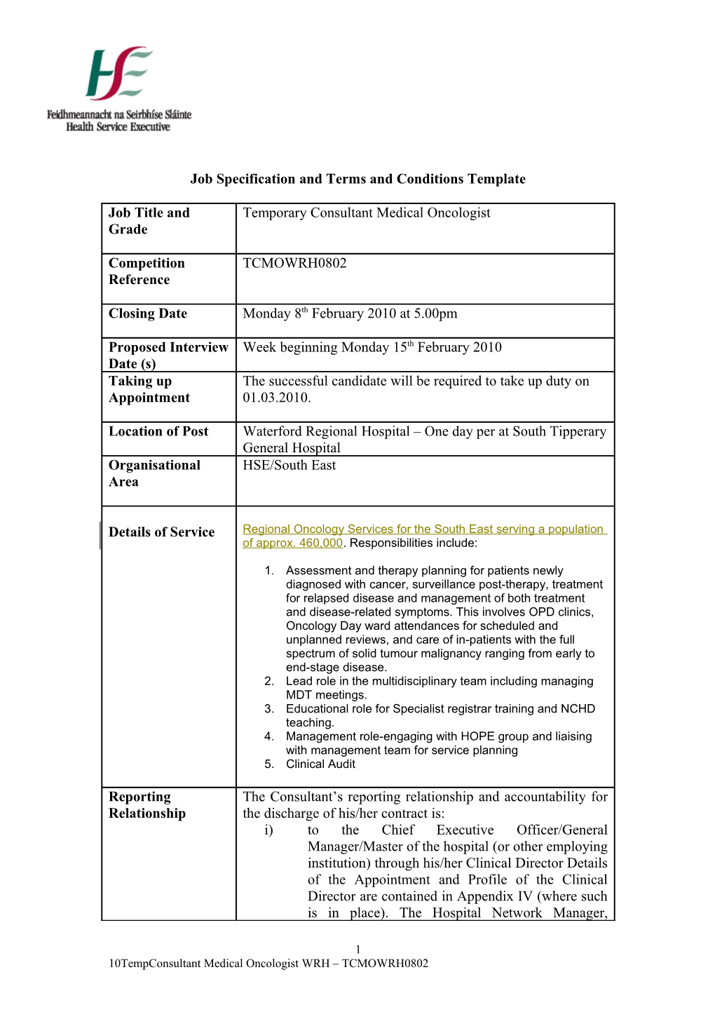 Job Specificationand Terms and Conditions Template