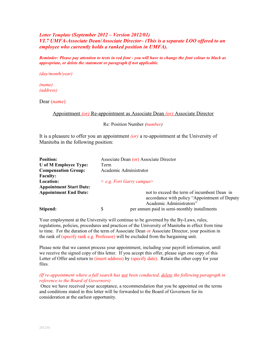 Letter Template for Associate Dean