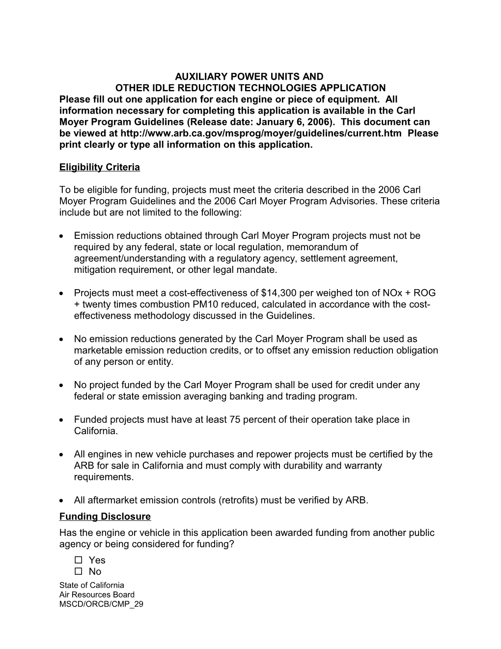 Minimum Application Information Auxiliary Power Unit Projects IDLE REDUCTIONS