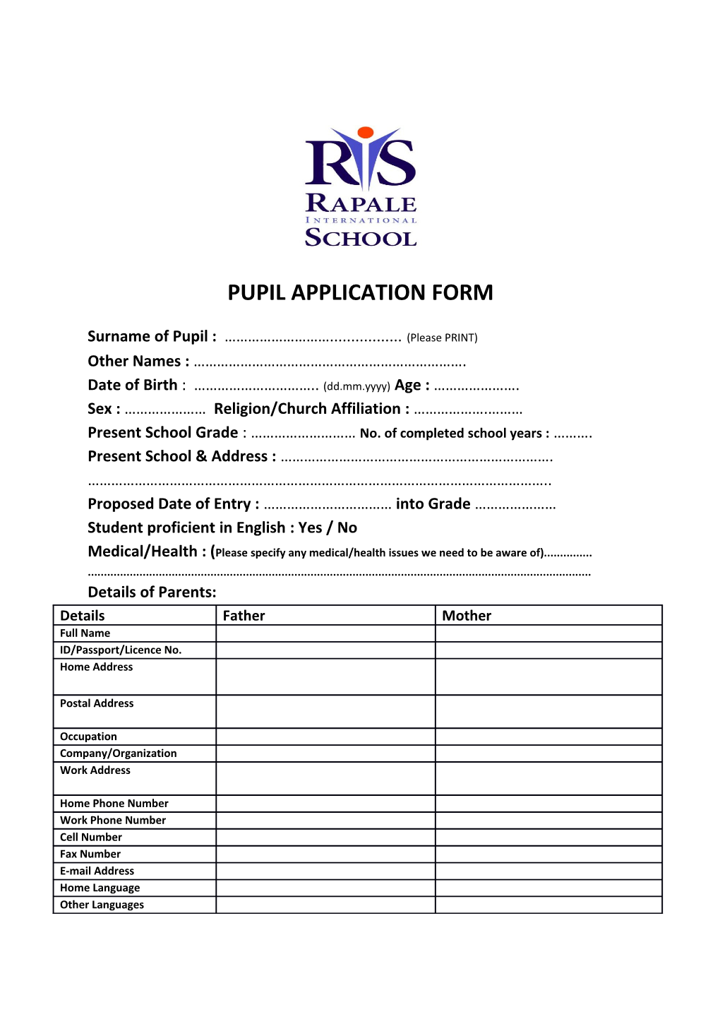 Pupil Application Form