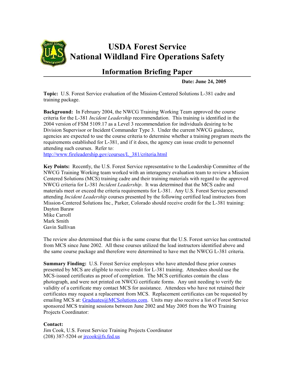 National Wildland Fire Operations Safety