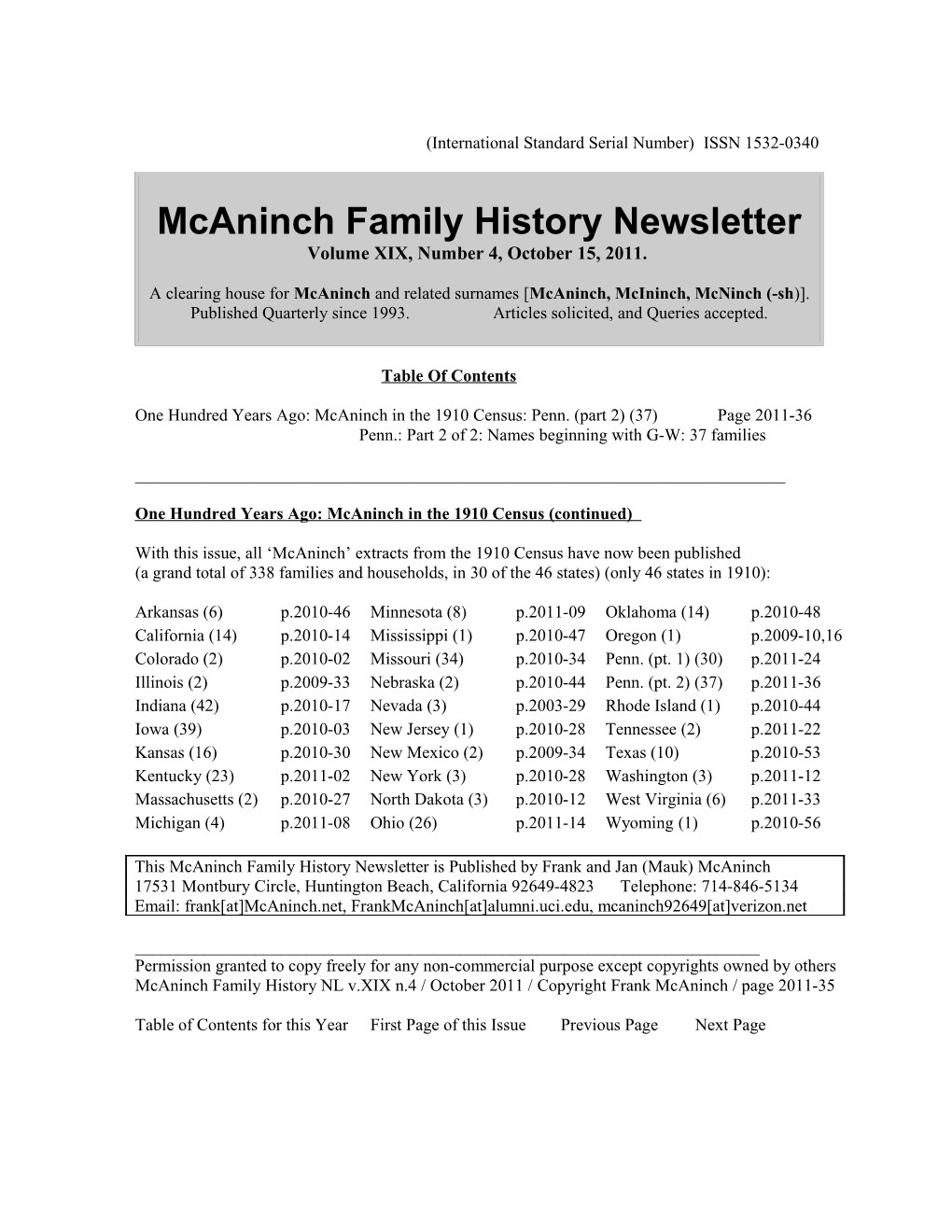 Mcaninch Family History Newsletter