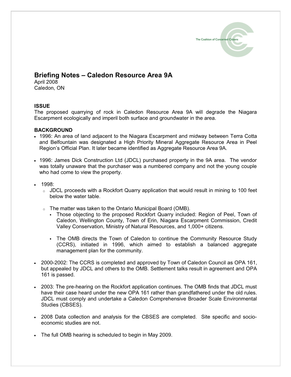 Briefing Notes Caledon Resource Area 9A