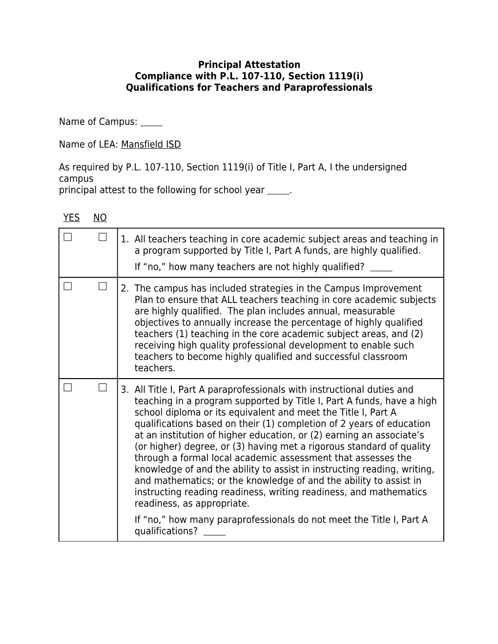 Principal Certification to Title I, Part A, Section 1119