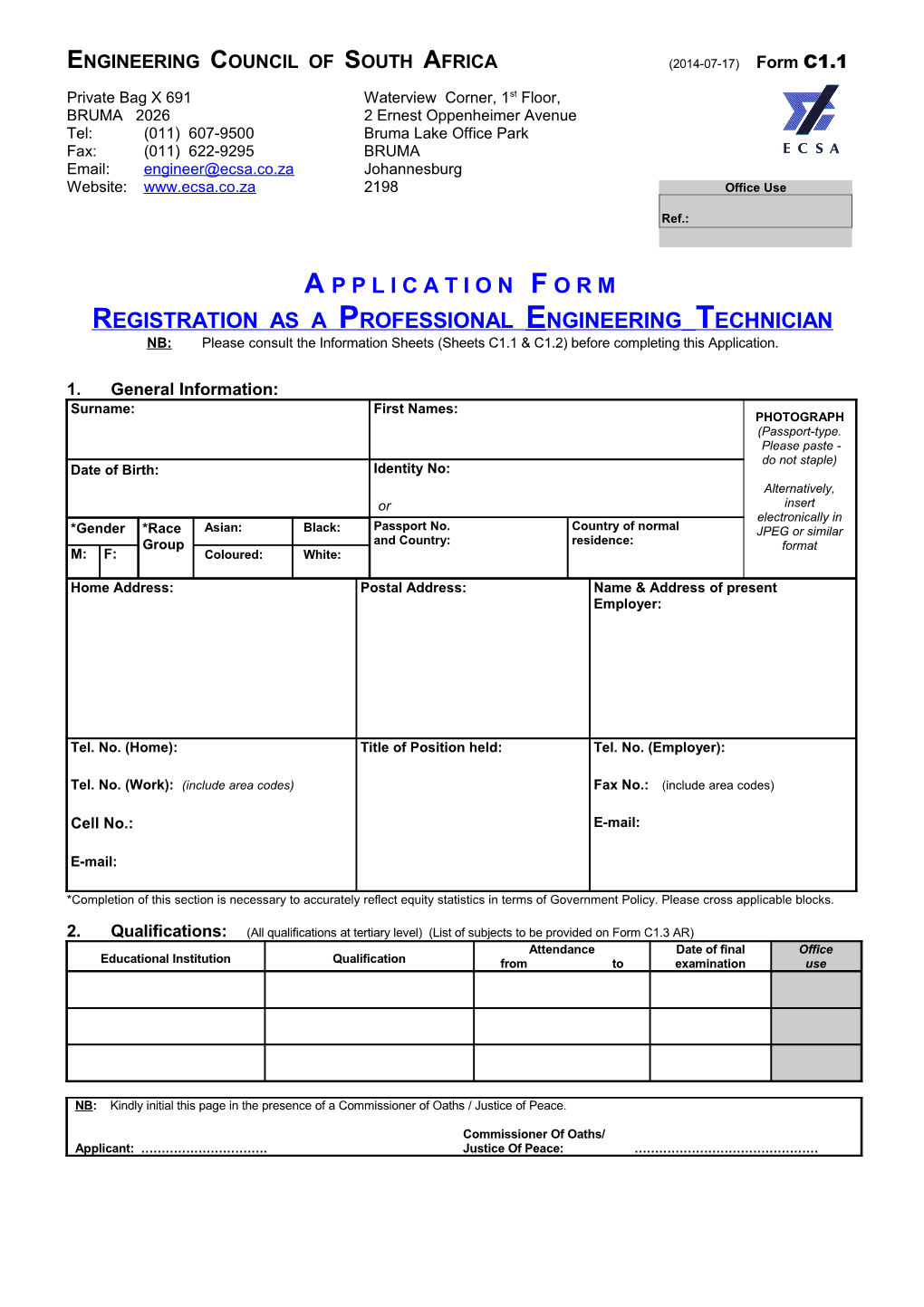 ENGINEERING COUNCIL of SOUTH AFRICA(2014-07-17) Form C1.1
