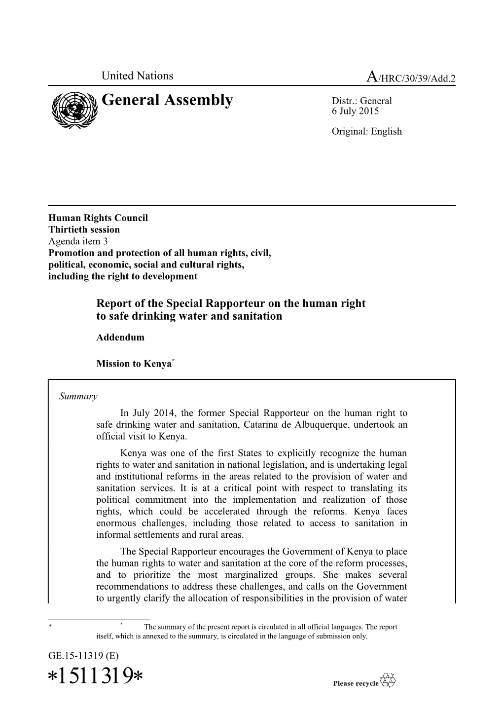 Report of the Special Rapporteur on the Human Right to Safe Drinking Water and Sanitation