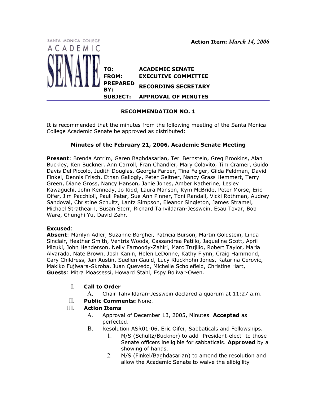 Minutes of the February 21, 2006, Academic Senate Meeting