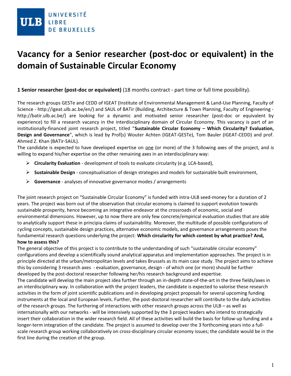 Vacancy for a Senior Researcher (Post-Doc Or Equivalent) in the Domain of Sustainable