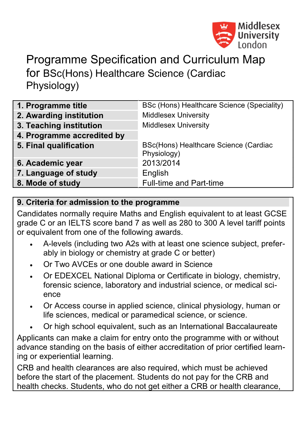 Programme Specification and Curriculum Map for Bsc(Hons) Healthcare Science (Cardiac Physiology)