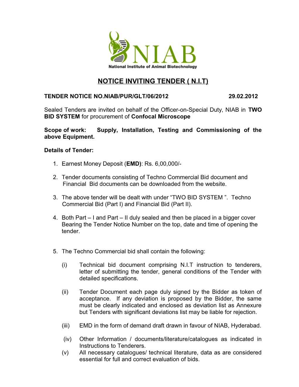 Tender Notice No.Niab/Pur/Glt/06/2012 29.02.2012