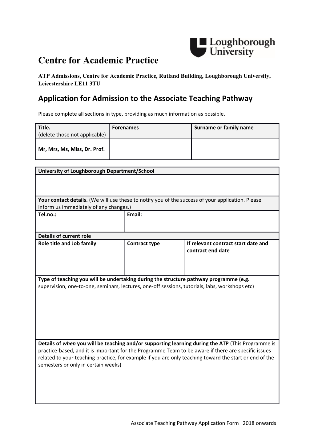 ATP Admissions, Centre for Academic Practice, Rutland Building, Loughborough University