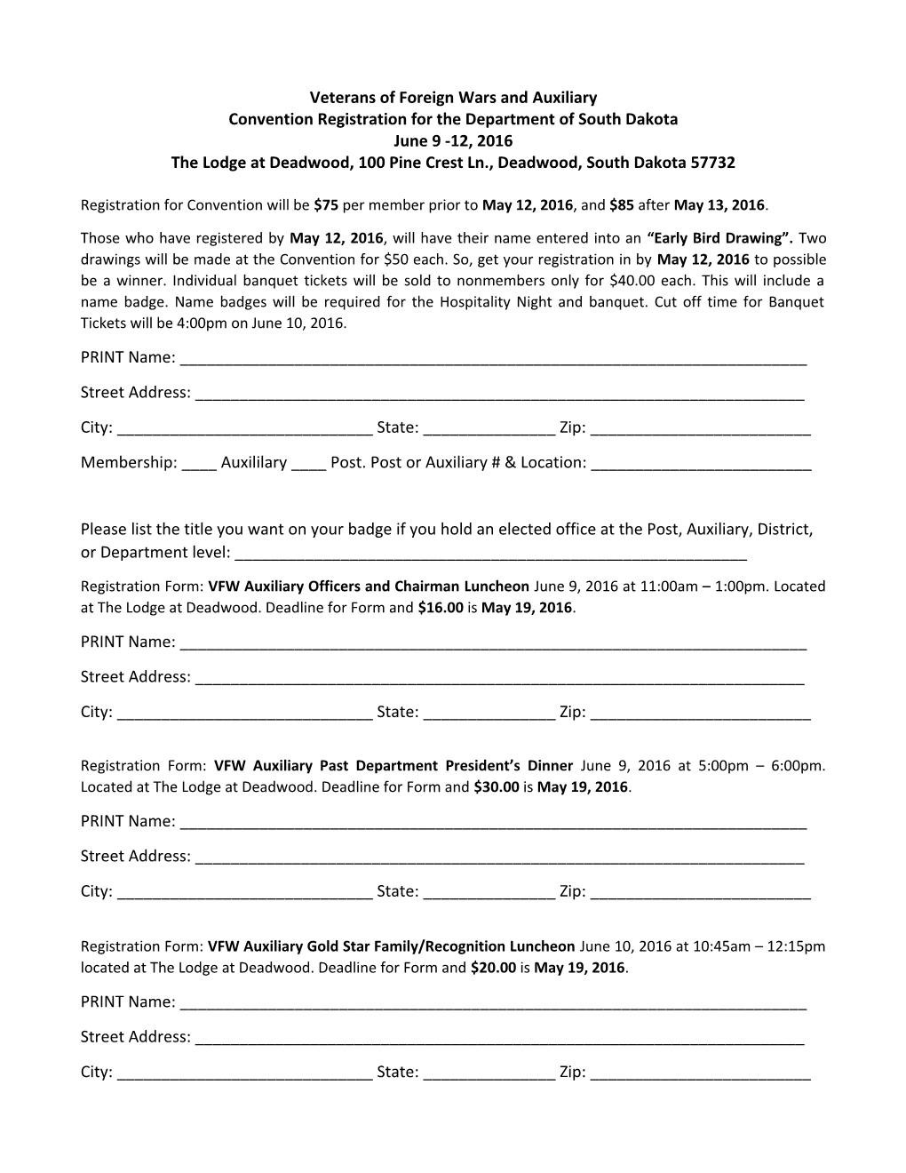 Convention Registration for the Department of South Dakota