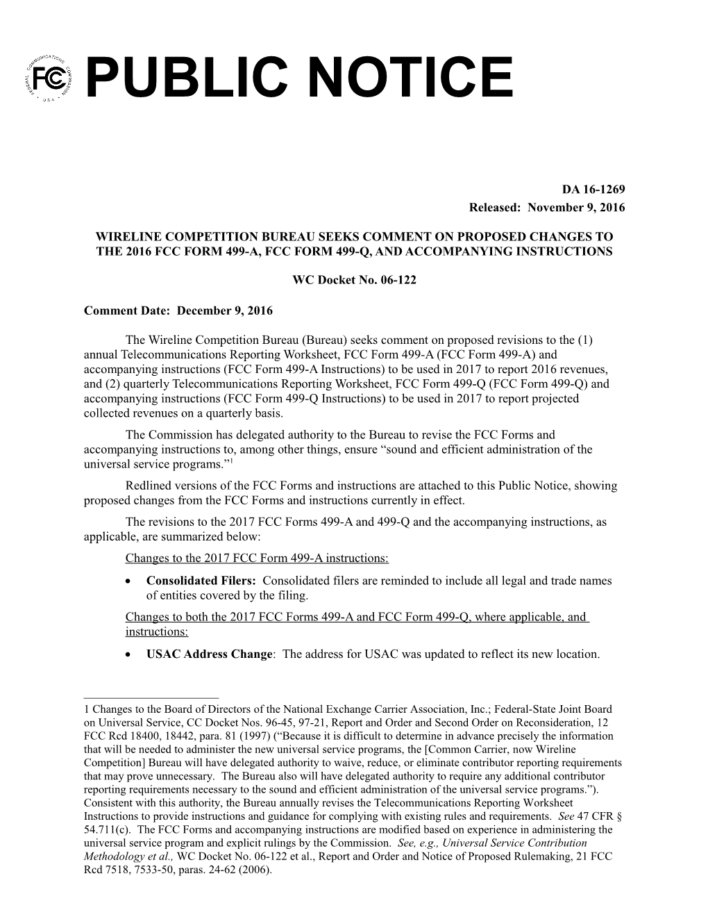 Wireline Competition Bureau Seeks Comment on Proposed Changes to the 2016 Fcc Form 499-A