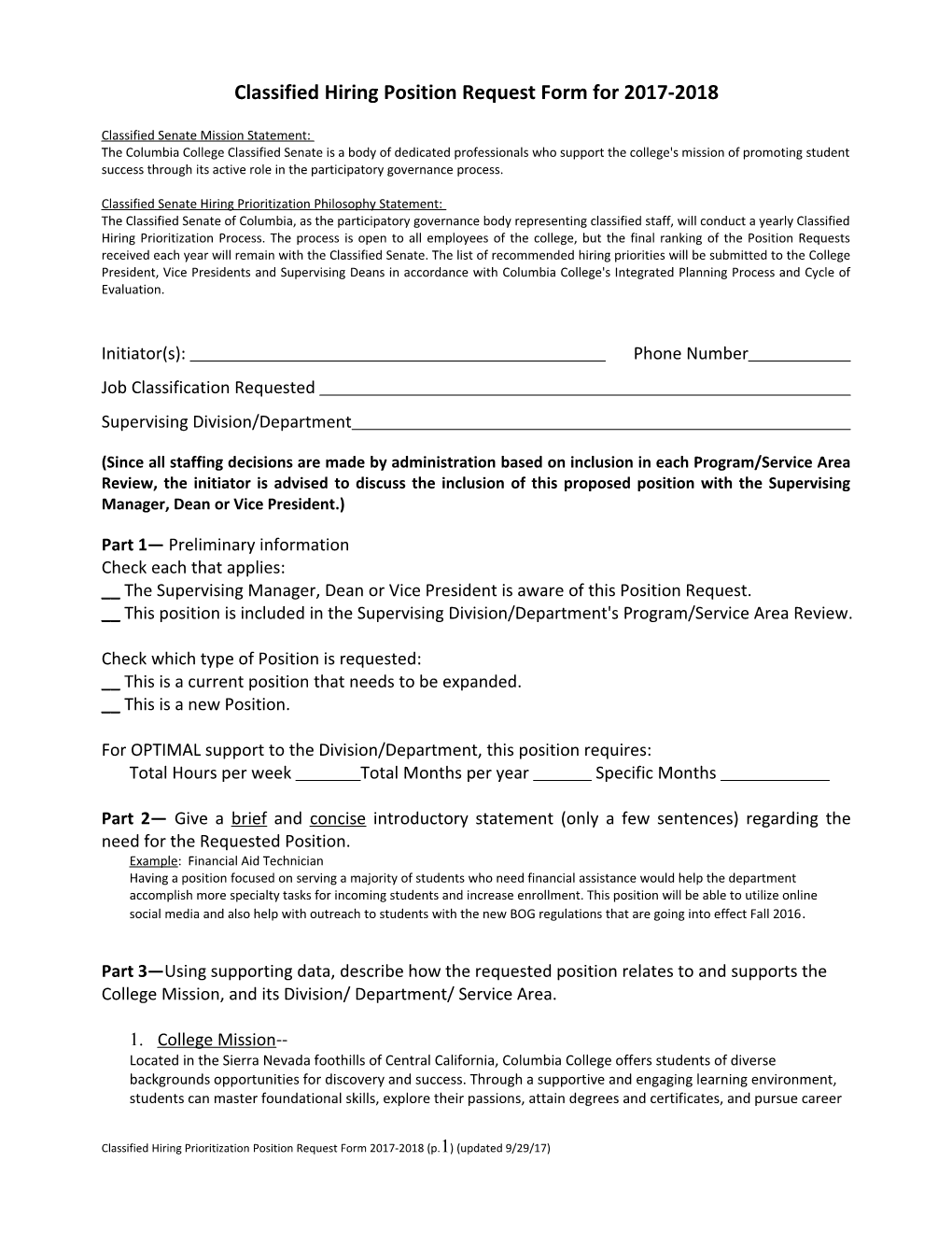 Classified Hiring Position Request Form for 2017-2018