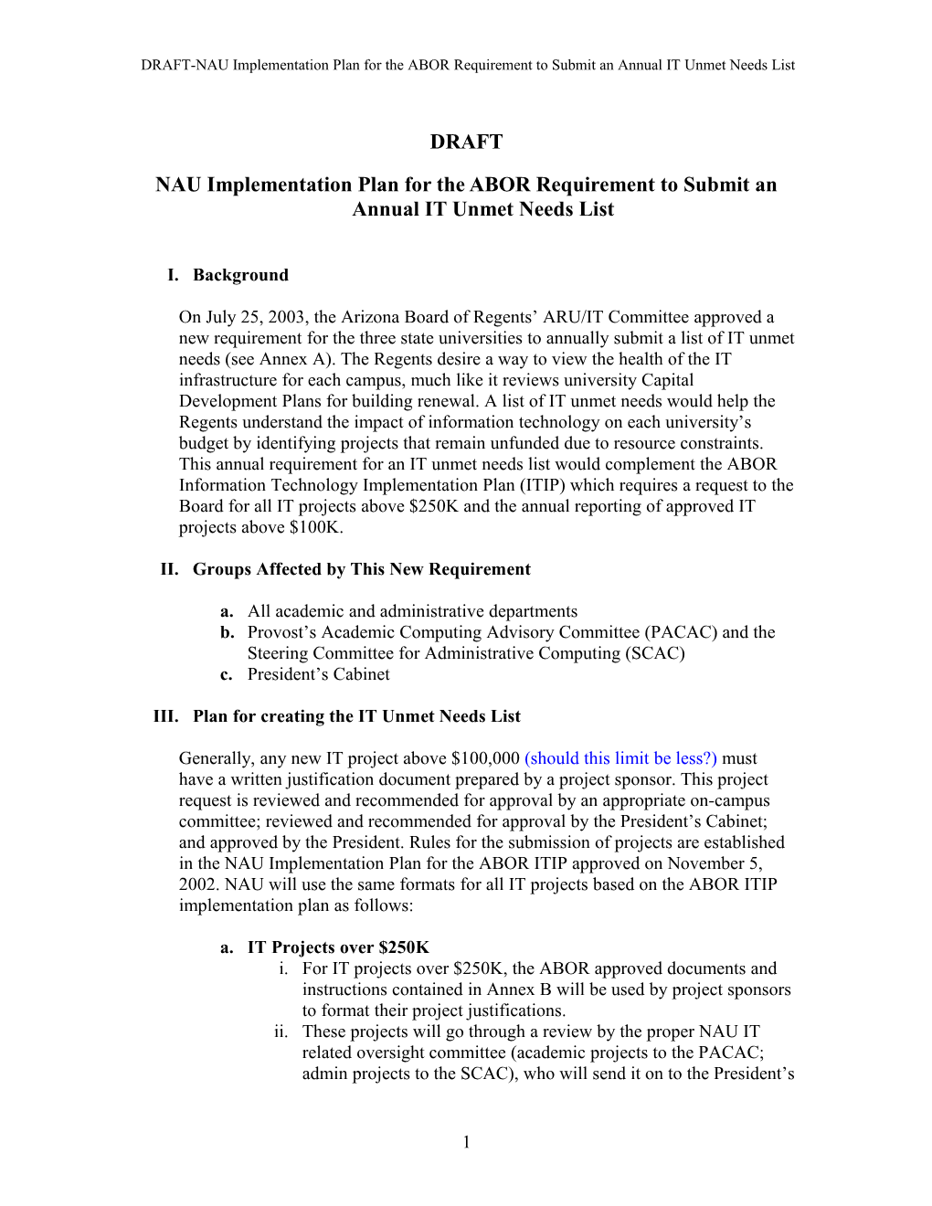 NAU Implementation Plan for The