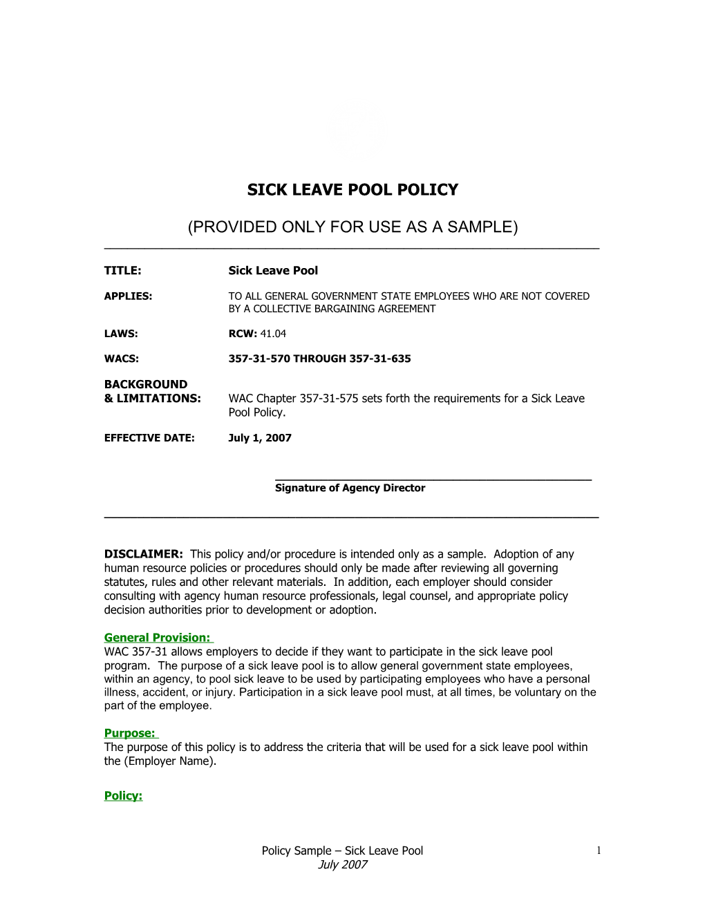 Sick Leave Pool Sample Policy