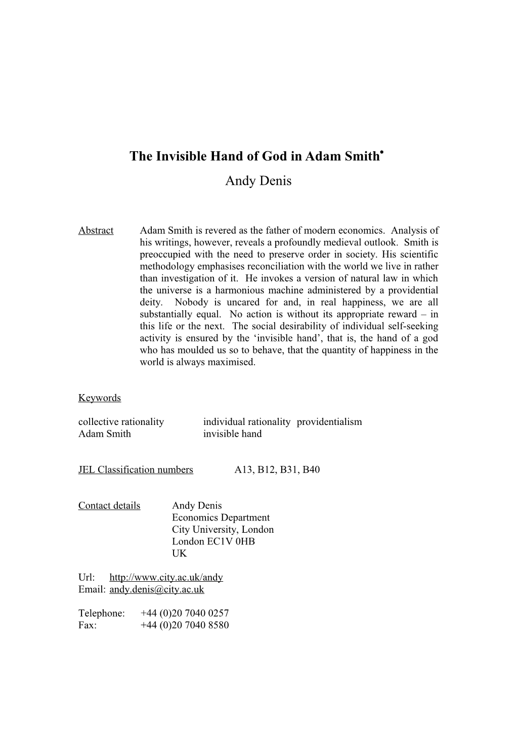 The Invisible Hand of God in Adam Smith