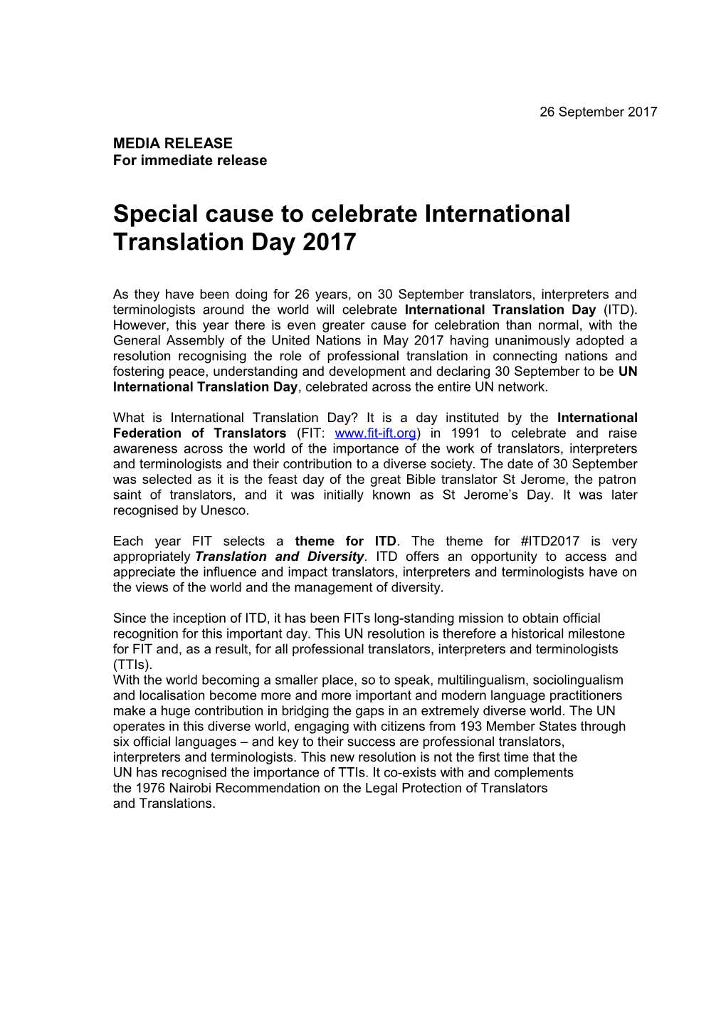 Special Cause to Celebrate International Translation Day 2017