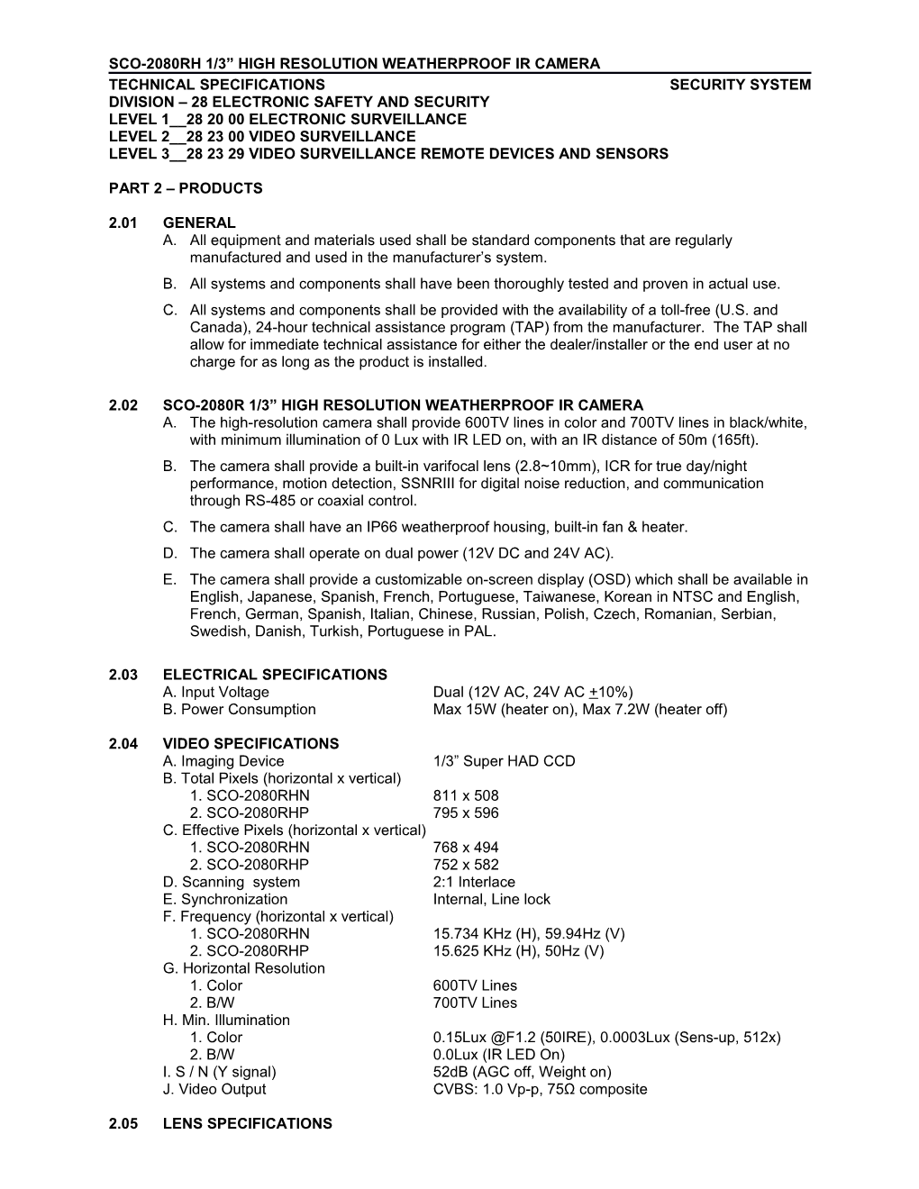 Page 1 SCO-2080RH 1/3 High Resolution Weatherproof IR Camera