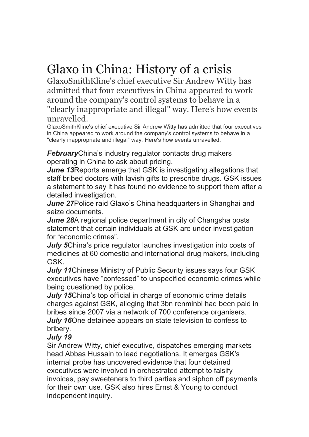 Glaxo in China: History of a Crisis