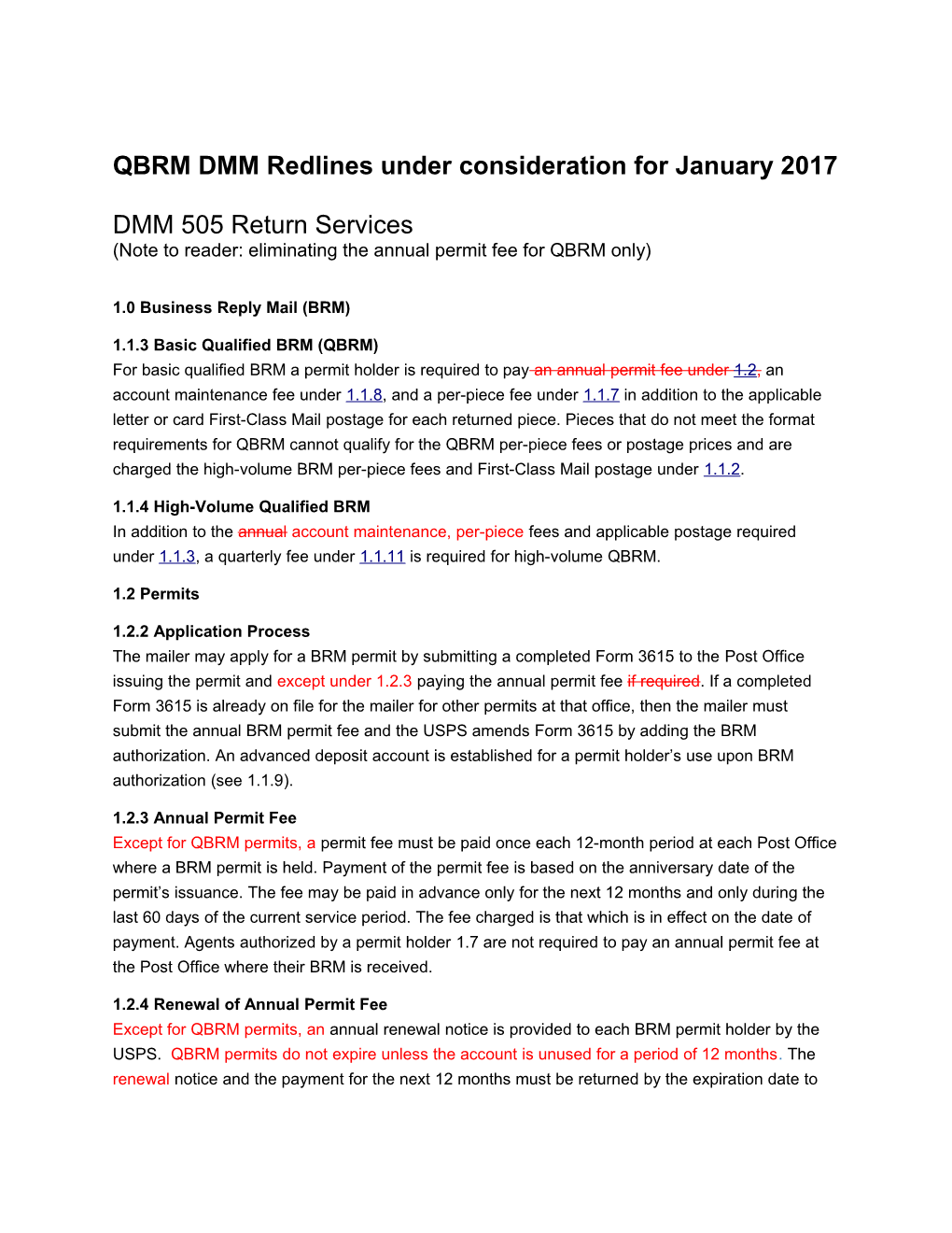 QBRM DMM Redlines Under Consideration for January 2017