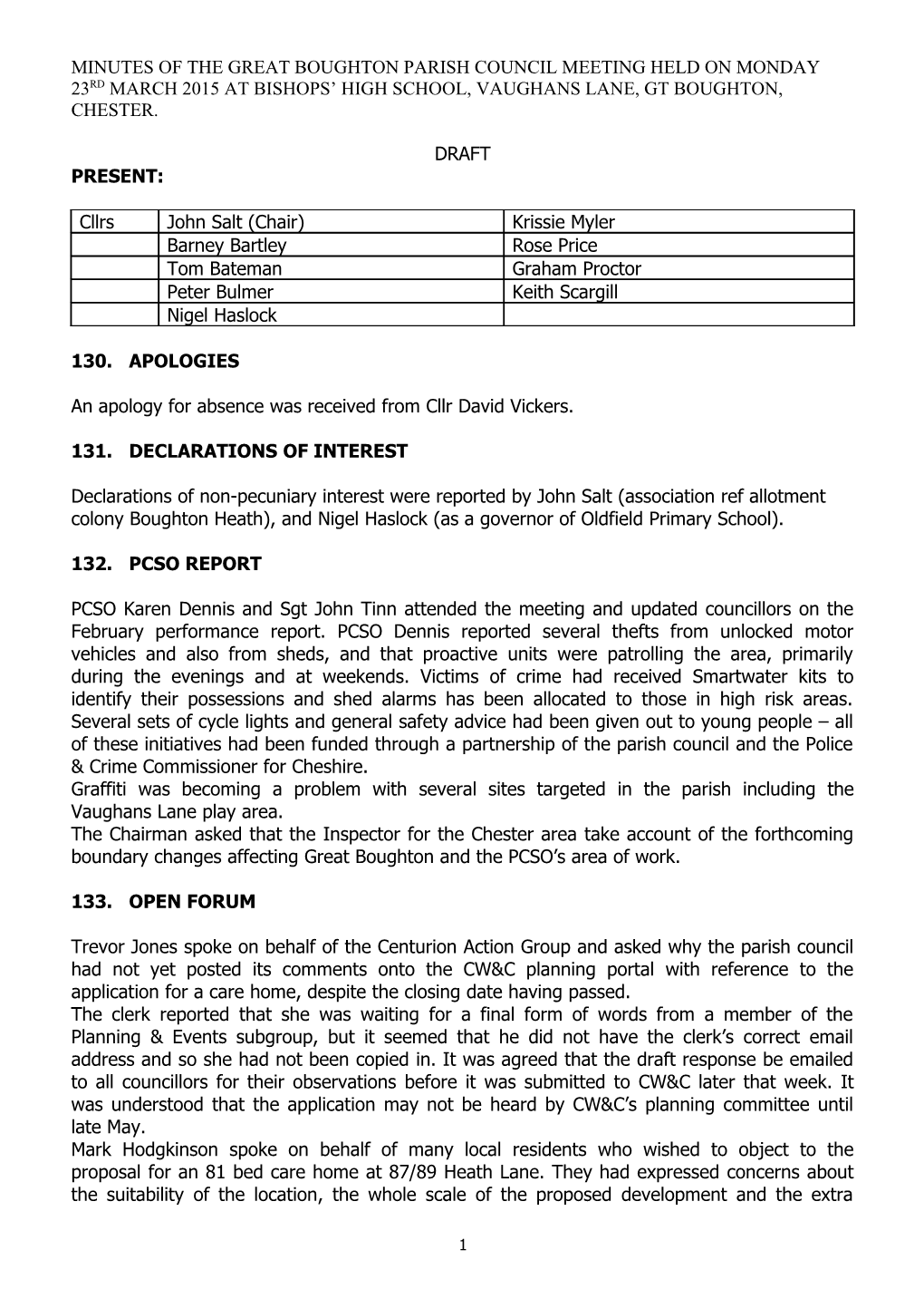 MINUTES of the GREAT BOUGHTON PARISH COUNCIL MEETING HELD on MONDAY 17Th OCTOBER 2005 AT