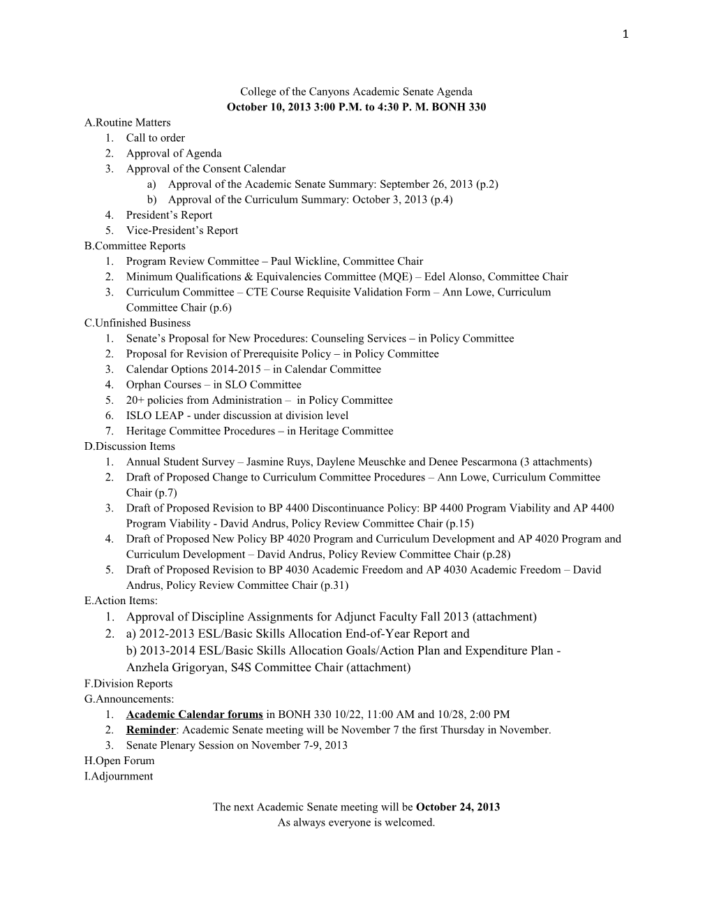 College of the Canyons Academic Senate Agenda