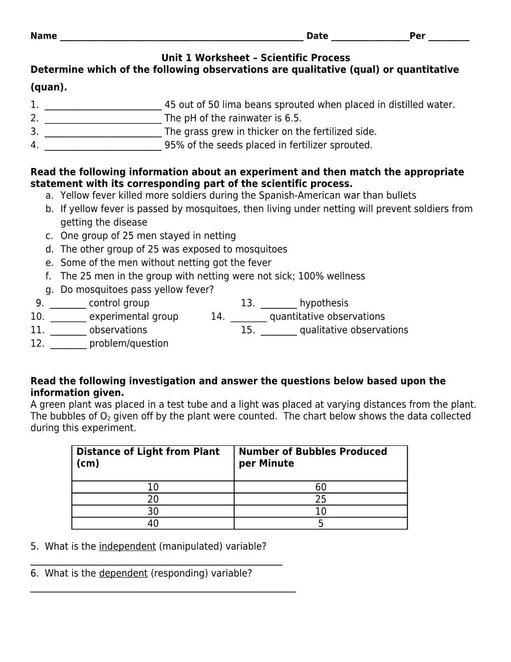 Unit 1 Worksheet Scientific Process