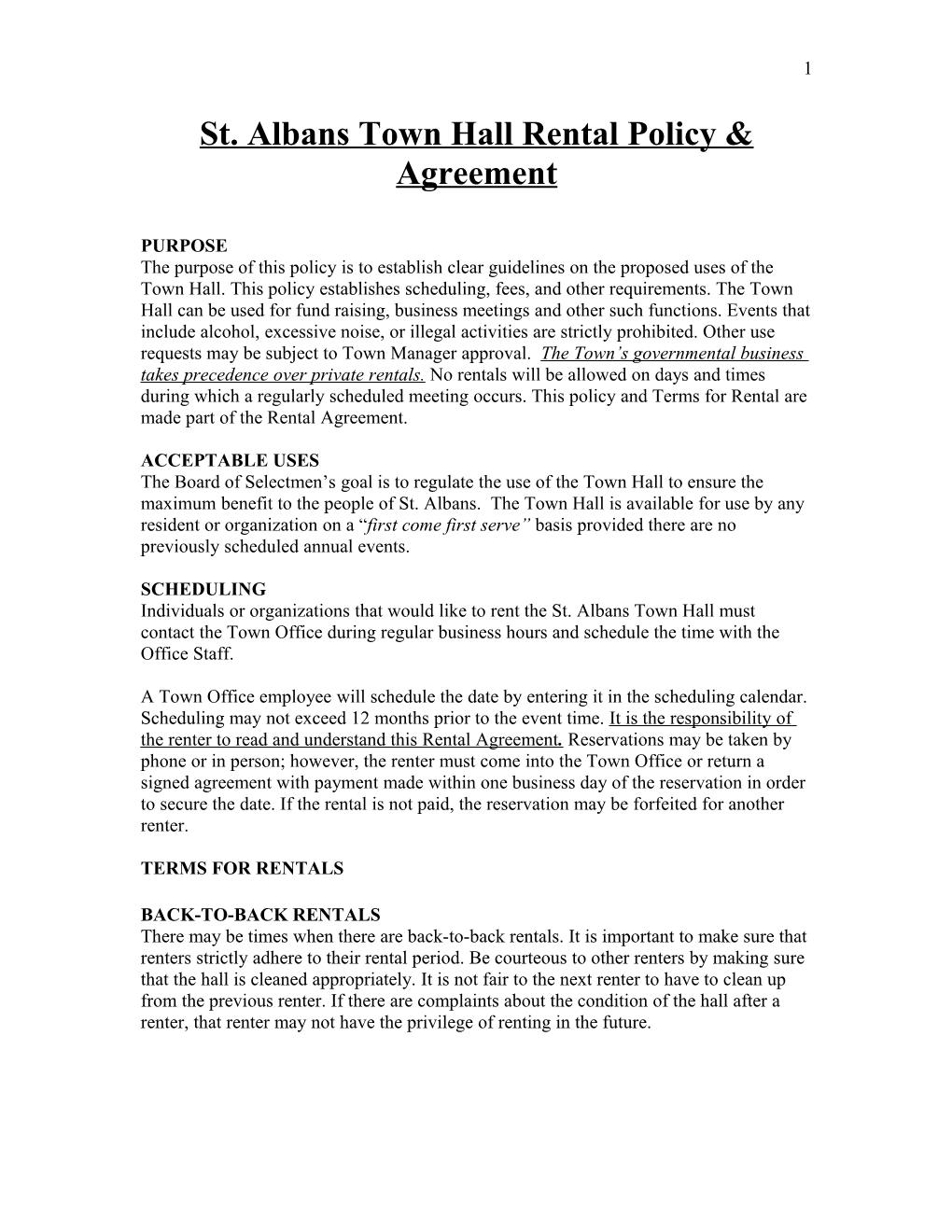 St. Albanstown Hall Rental Policy & Agreement