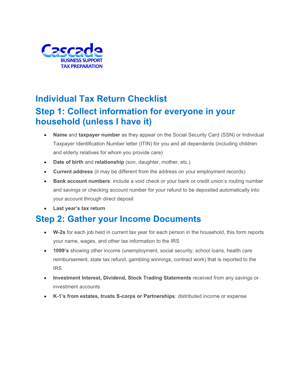Individual Tax Return Checklist
