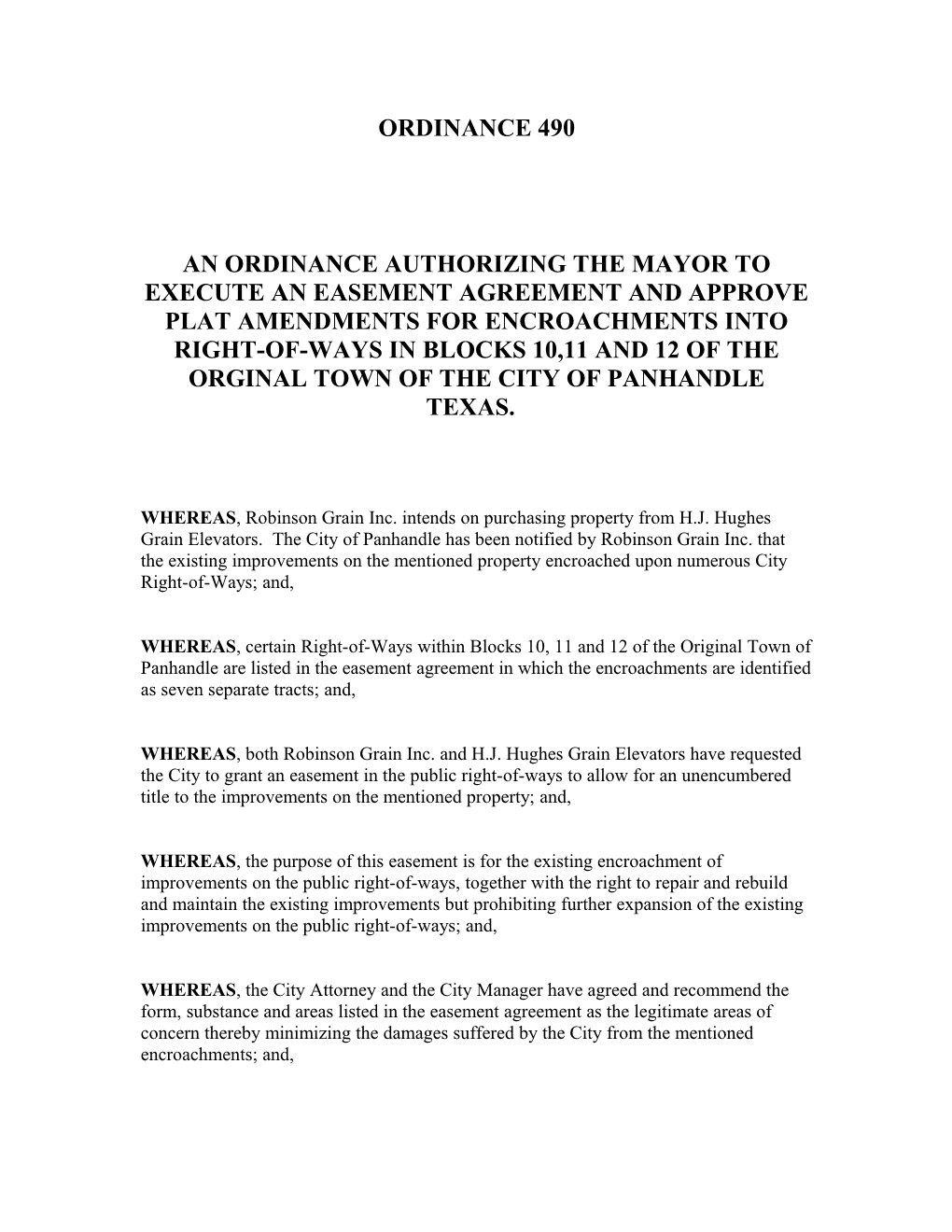 An Ordinance Authorizing the Mayor to Execute an Easement Agreement and Approve Plat Amendments