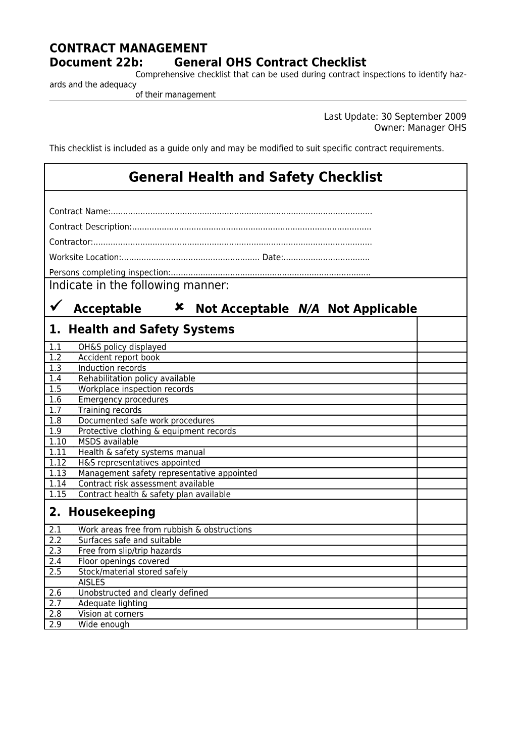 General Health and Safety Checklist