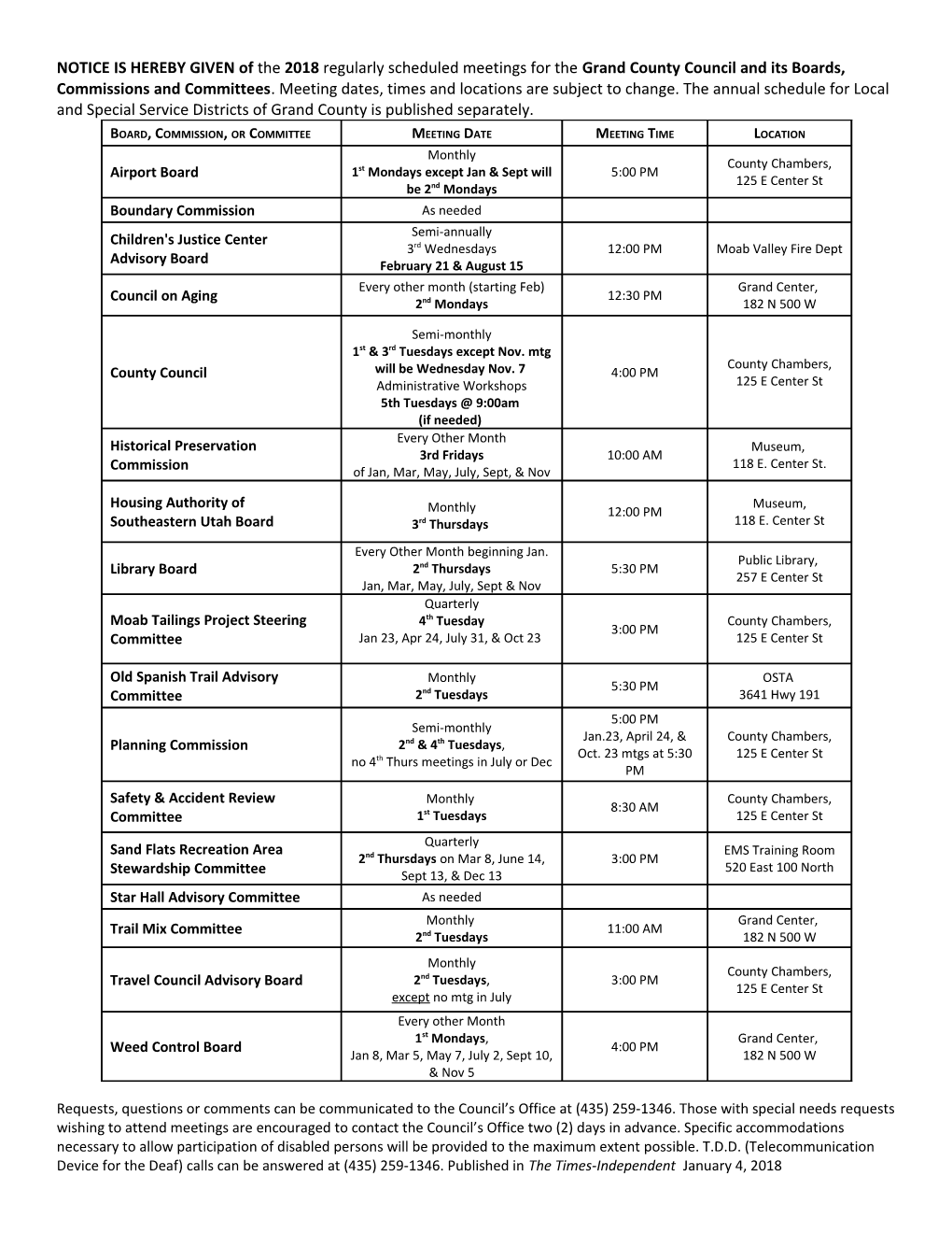 NOTICE IS HEREBY GIVEN of the 2018 Regularly Scheduled Meetings for the Grand County Council