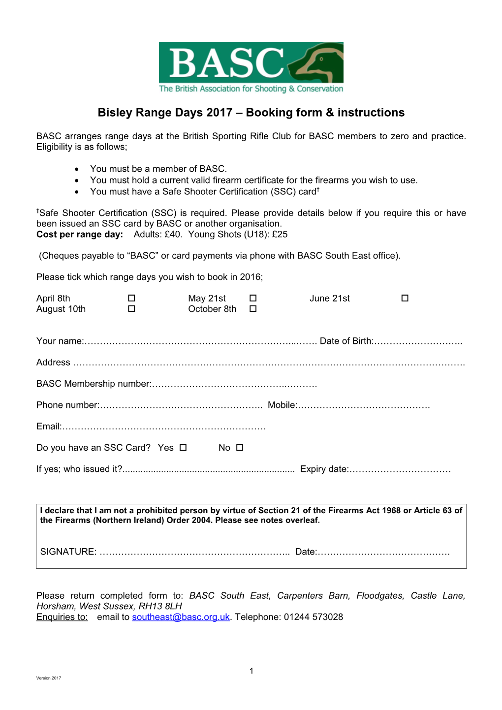 Bisley Range Days 2017 Booking Form & Instructions