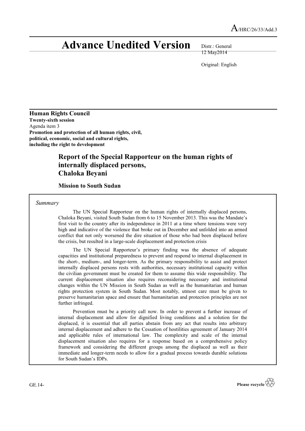 Report of the Special Rapporteur on the Human Rights of Internally Displaced Persons