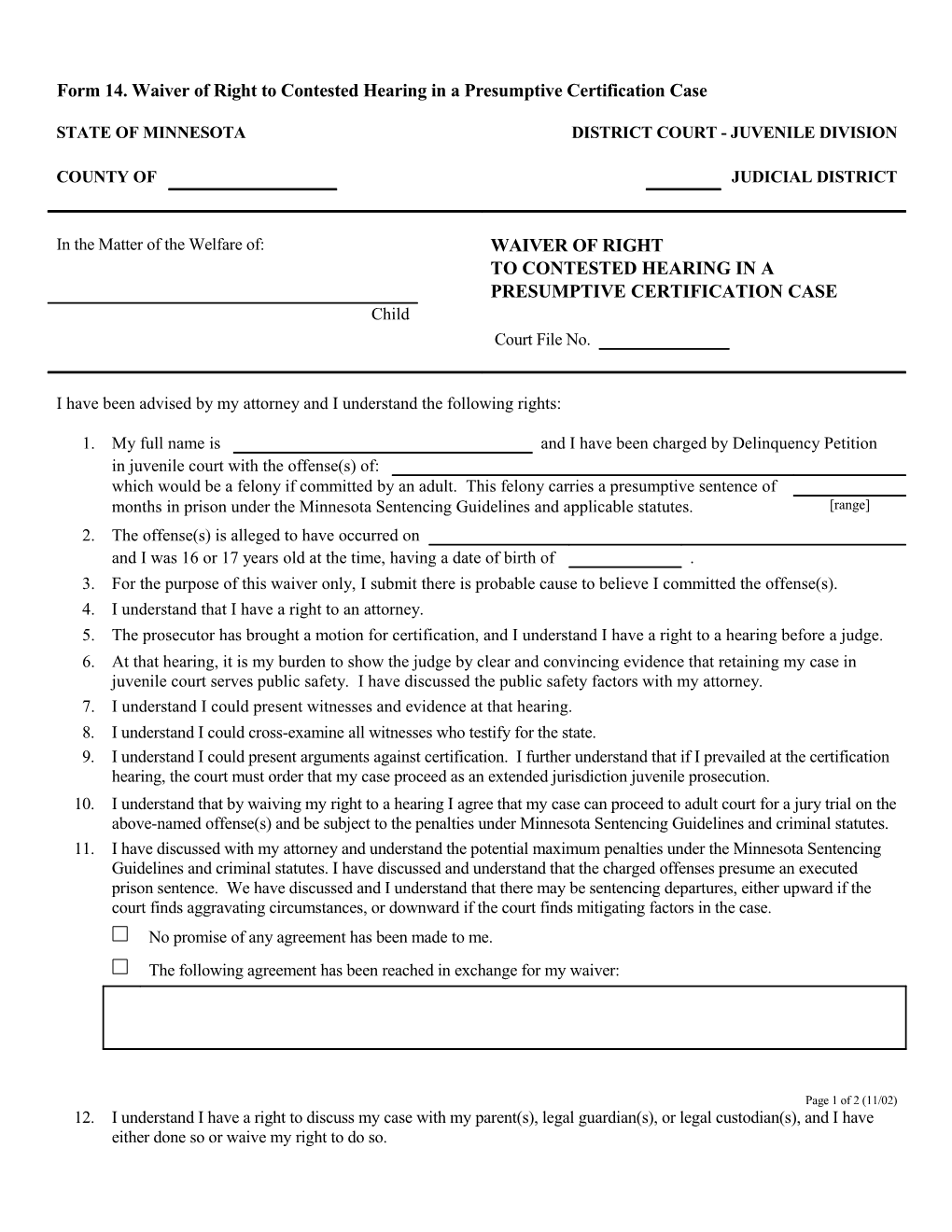 Form 14. Waiver of Right to Contested Hearing in a Presumptive Certification Case
