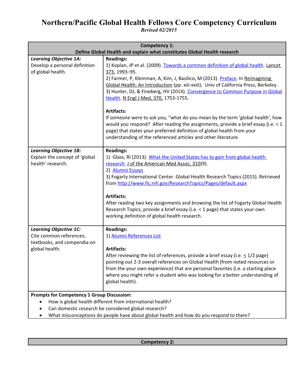 Northern/Pacific Global Health Fellows Core Competency Curriculum