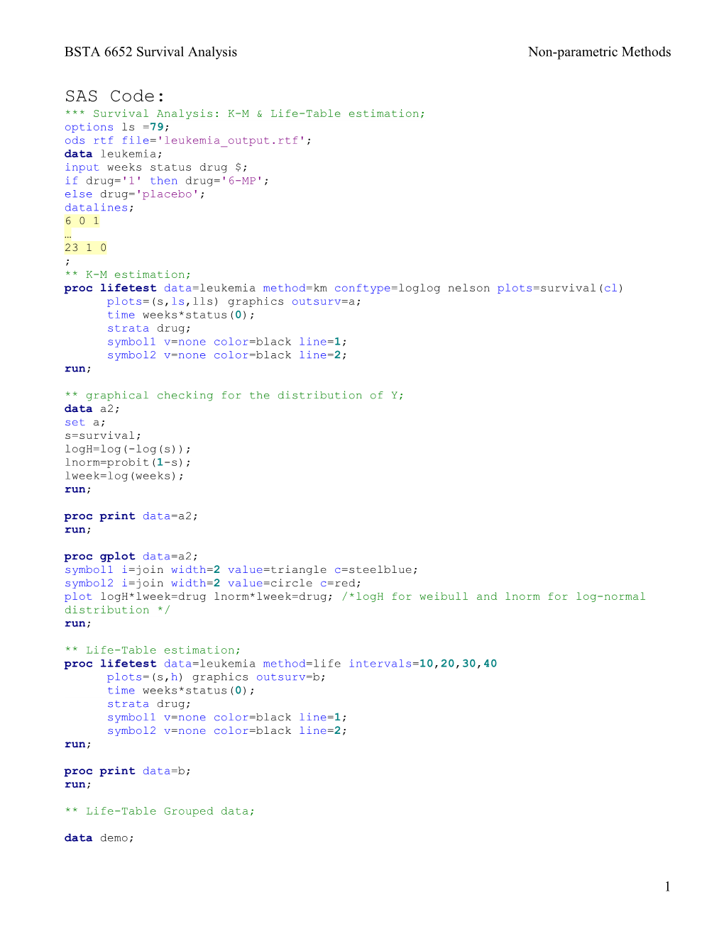 BSTA 6652 Survival Analysis Non-Parametric Methods